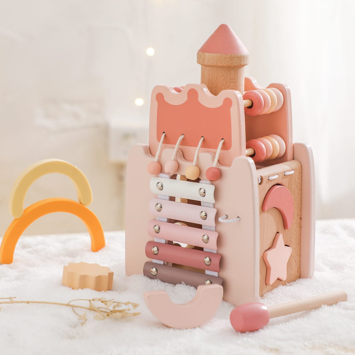 Wooden Montessori Castle Shaped Multi-Activity Toy – 6-in-1 Learning Activity Center for Kids