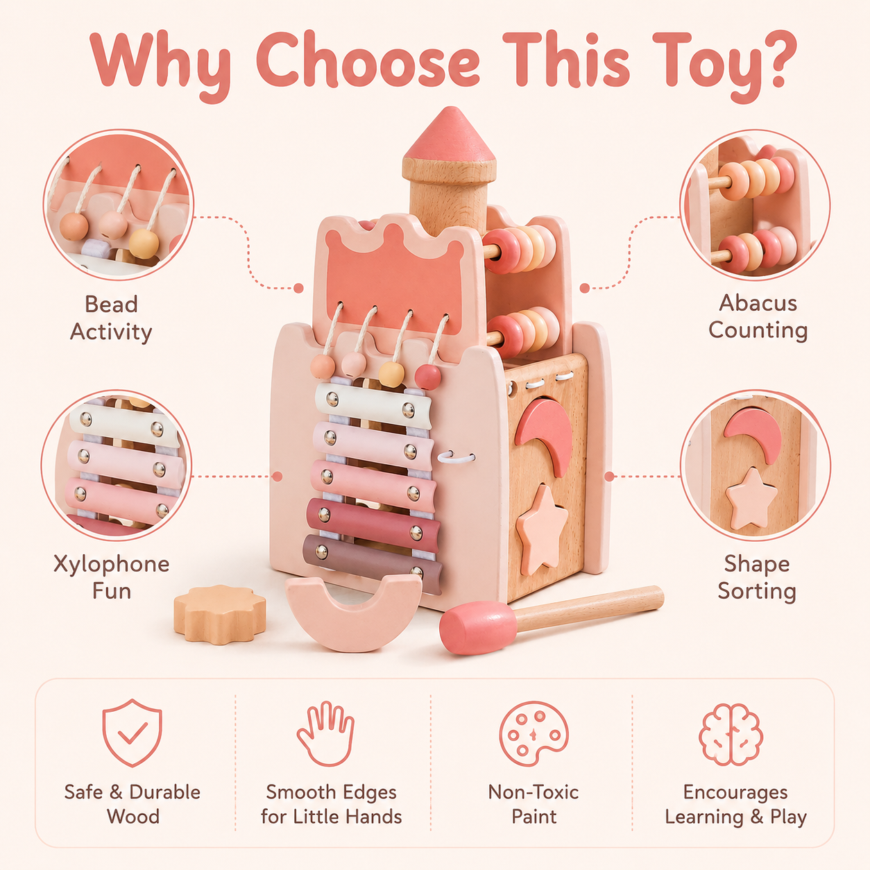 Wooden Montessori Castle Shaped Multi-Activity Toy – 6-in-1 Learning Activity Center for Kids