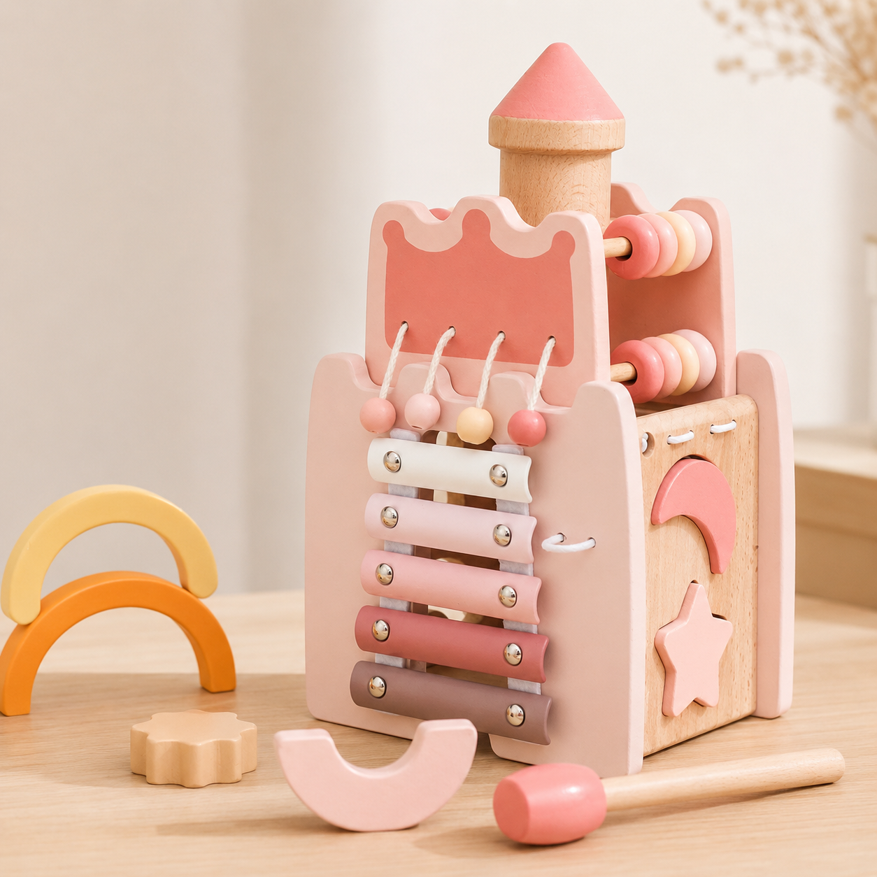 Wooden Montessori Castle Shaped Multi-Activity Toy – 6-in-1 Learning Activity Center for Kids