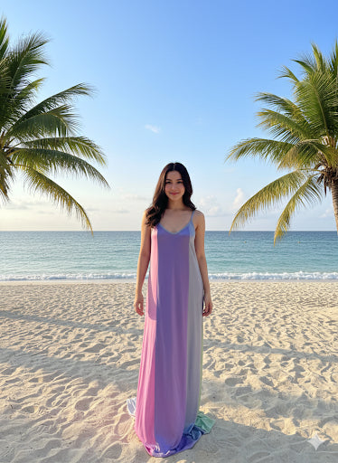 Pastel Color-Block Satin Maxi Slip Dress.