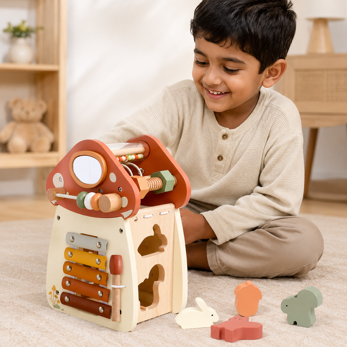 Montessori Wooden Mushroom Shaped Activity Cube โ 5-in-1 Educational Learning Toy