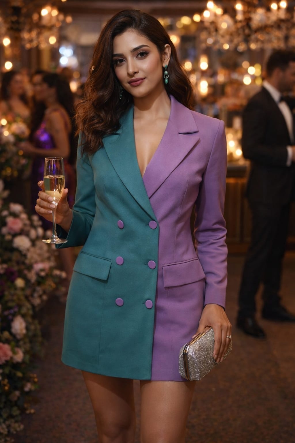 Aurora Double-Breasted Blazer Mini Dress – Contrast Trim & Two-Tone Color Block Dress