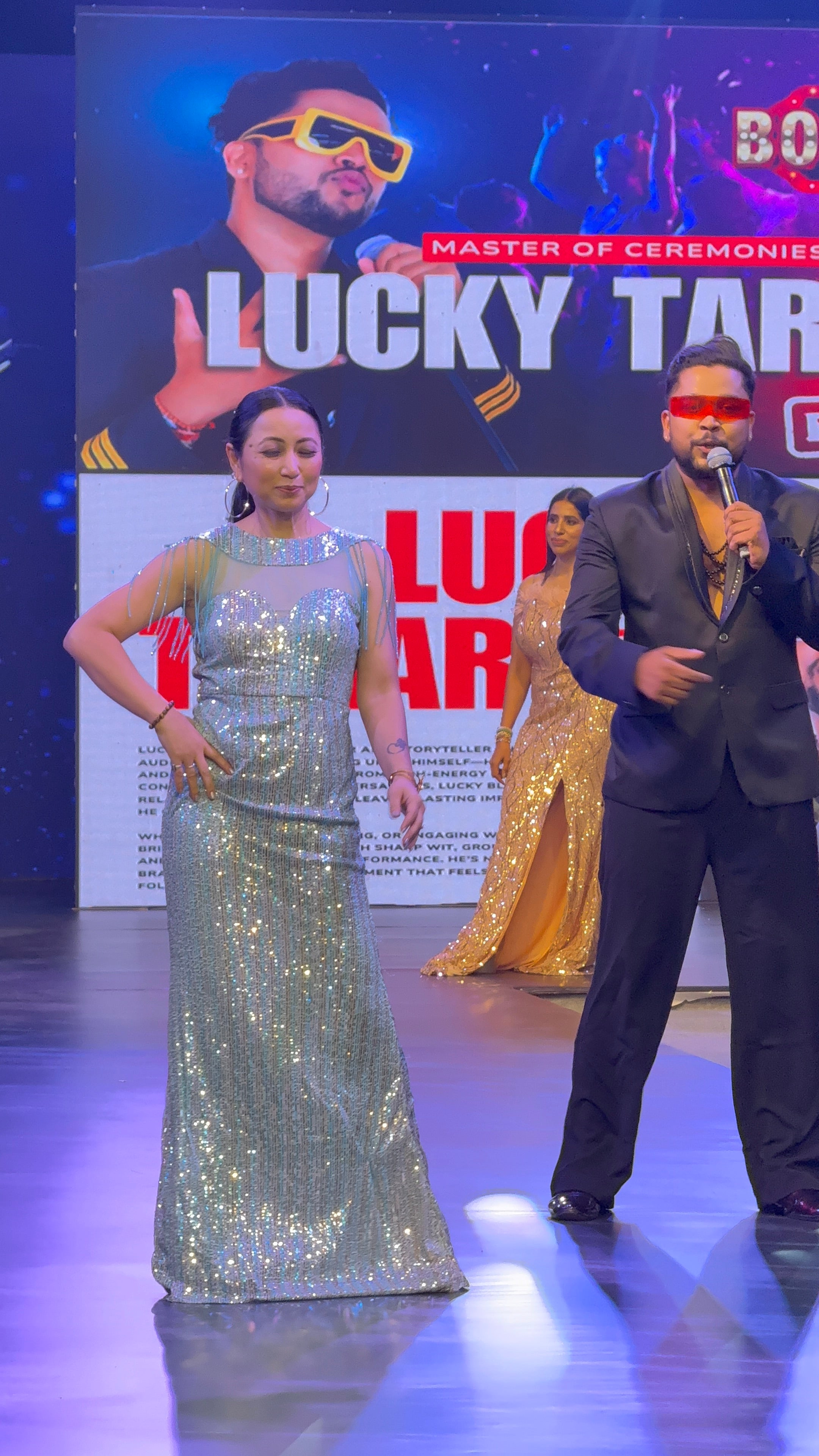 Powder Blue Sequin & Fringe Column Maxi Gown