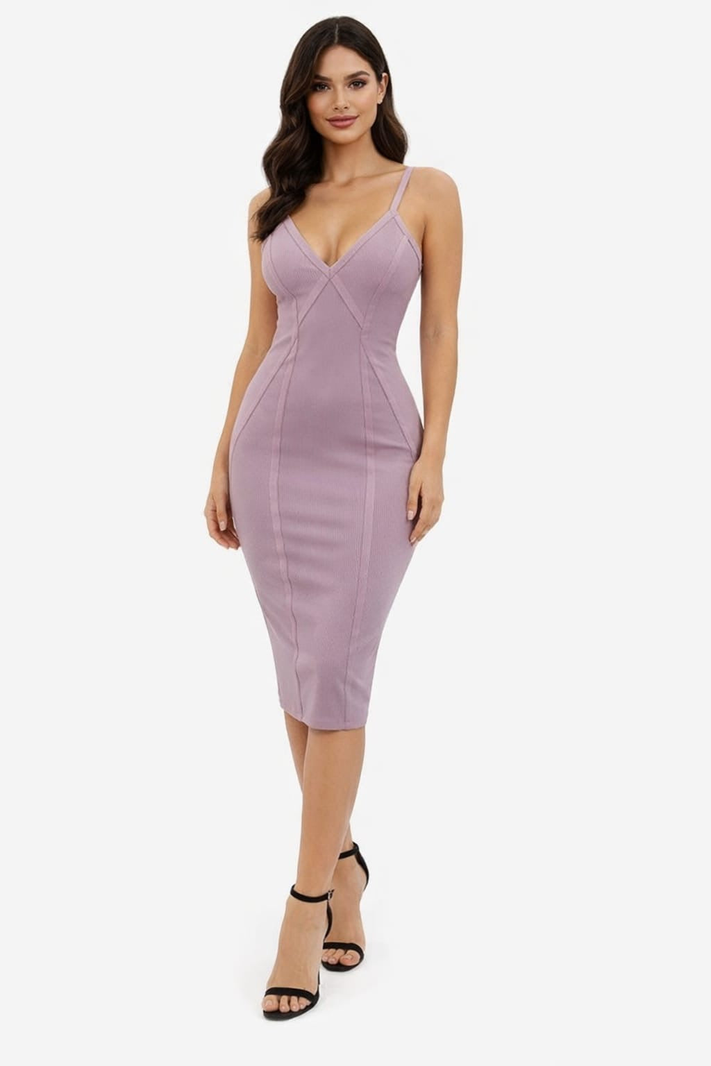 Mauve Bandage Midi Dress for Women – Sleeveless V-Neck Party & Evening Wear Dress