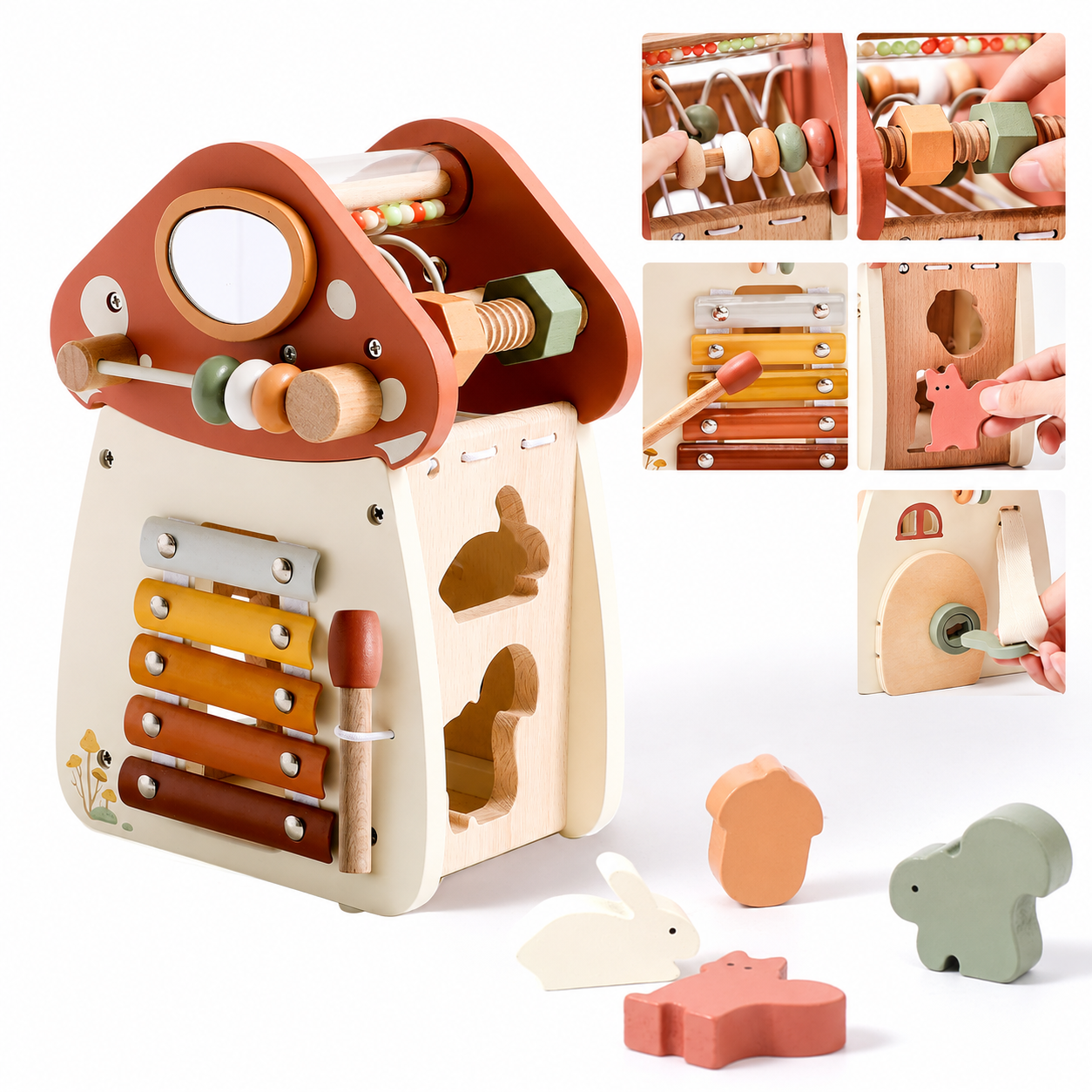 Montessori Wooden Mushroom Shaped Activity Cube โ 5-in-1 Educational Learning Toy