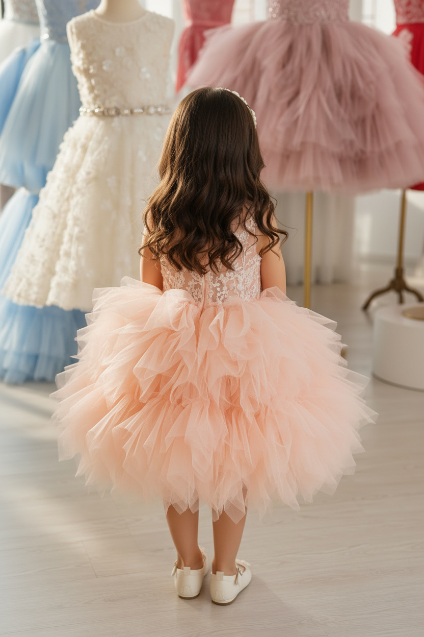 Girls Peach Floral Embroidered Tulle Ball Gown