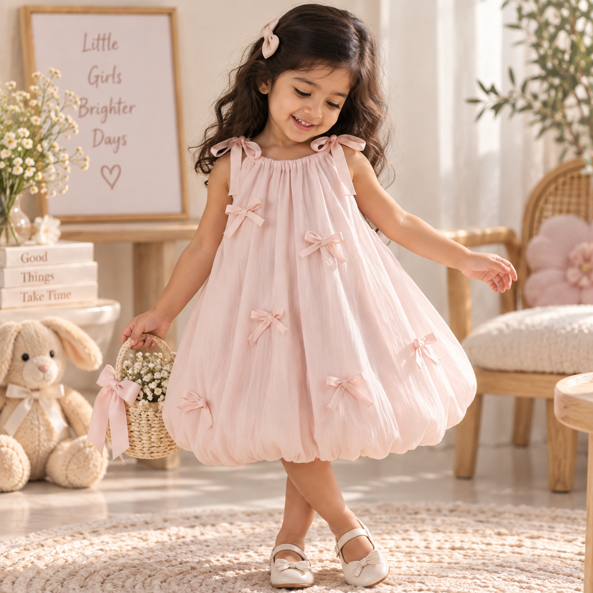 Disney-Inspired Girls' Summer Bow & Floral Princess Dress - Korean Style