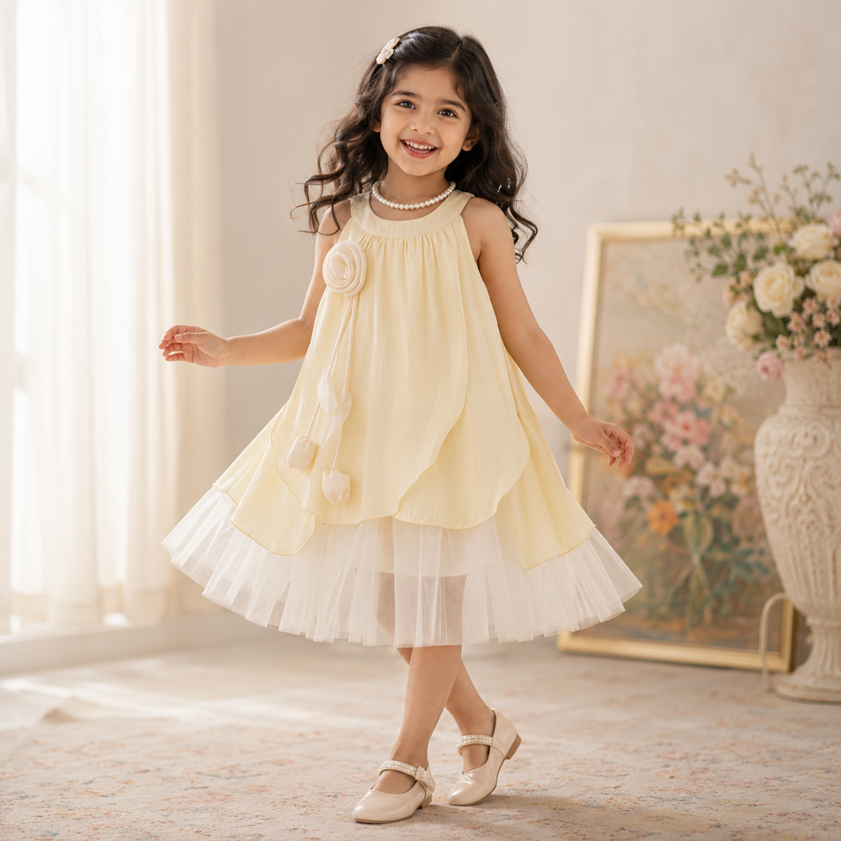 Blue Town 2026 New Summer Stylish Halter Neck Princess Dress Floral Mesh Dress Little Girl Tank Top Dress