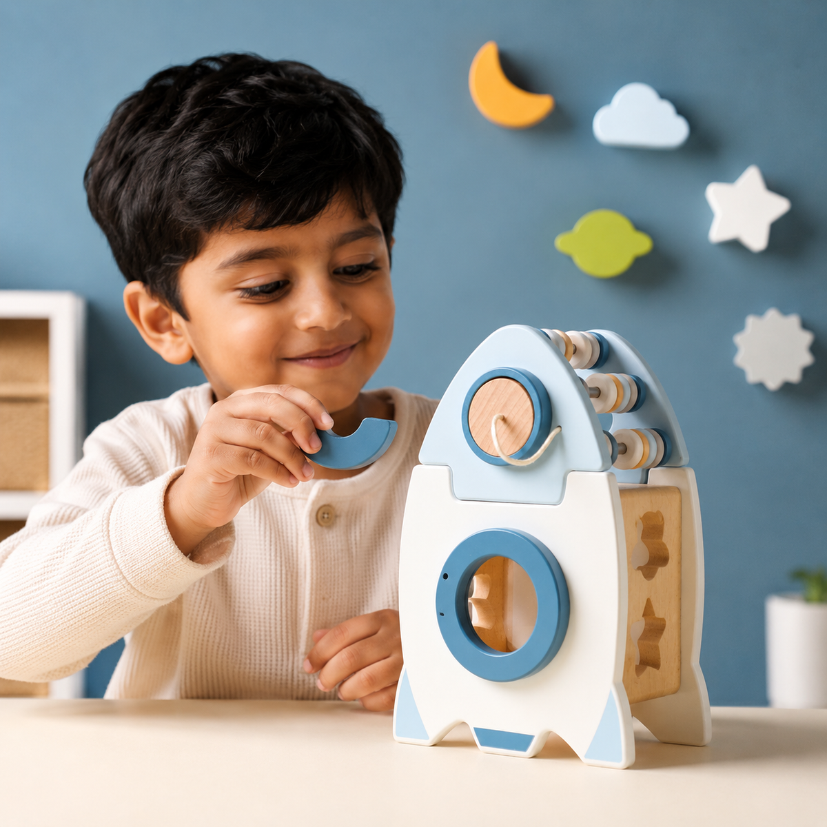 Wooden Rocket Stacking Toy – Montessori Learning & Fine Motor Skills Activity