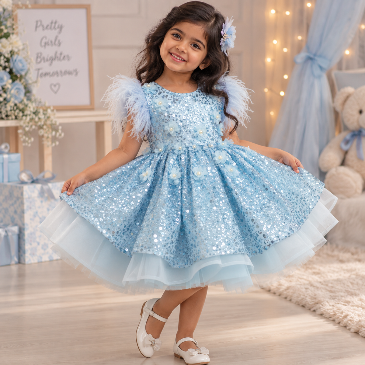 Girls Sky Blue Sequin Feather Sleeve Ball Gown