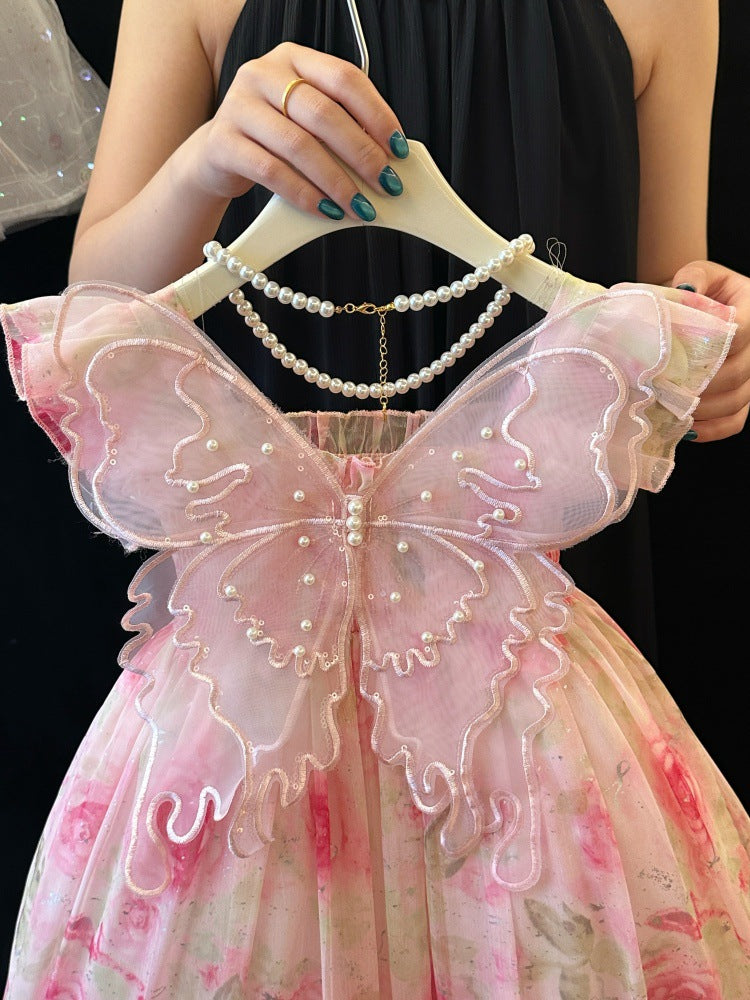 Girls' Winged Princess Dress Summer Dress 2026 New Style Kidsren's Birthday Dress Dress Fashionable Girl Pink Dress