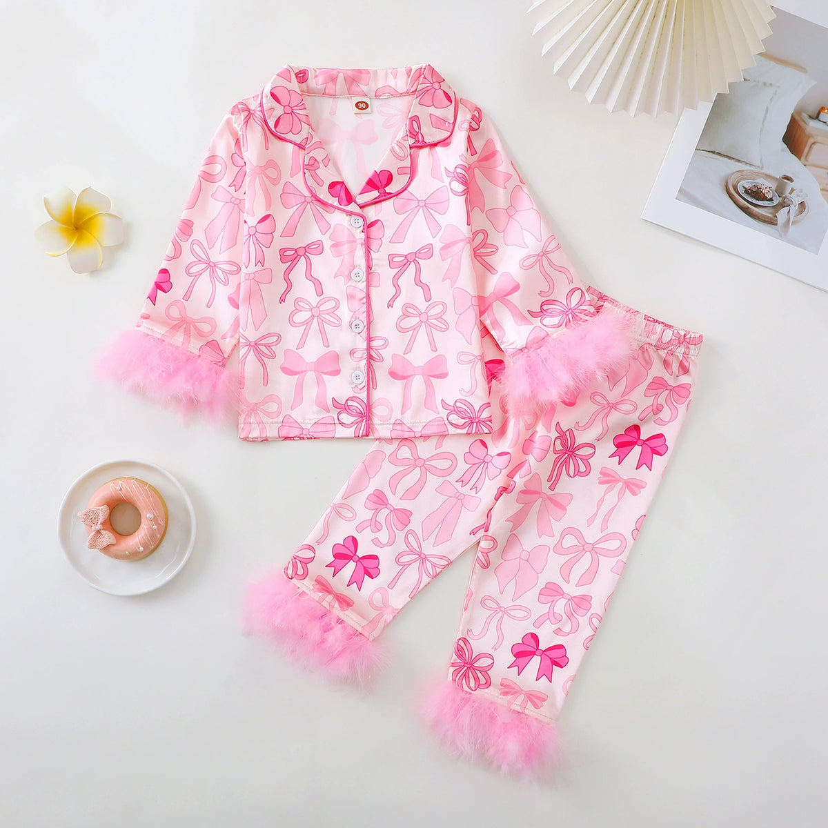 Children's Bow-Knot Pajama Set, Sweet and Casual Long-Sleeved Christmas Printed Fringed Home Wear, Cute Style