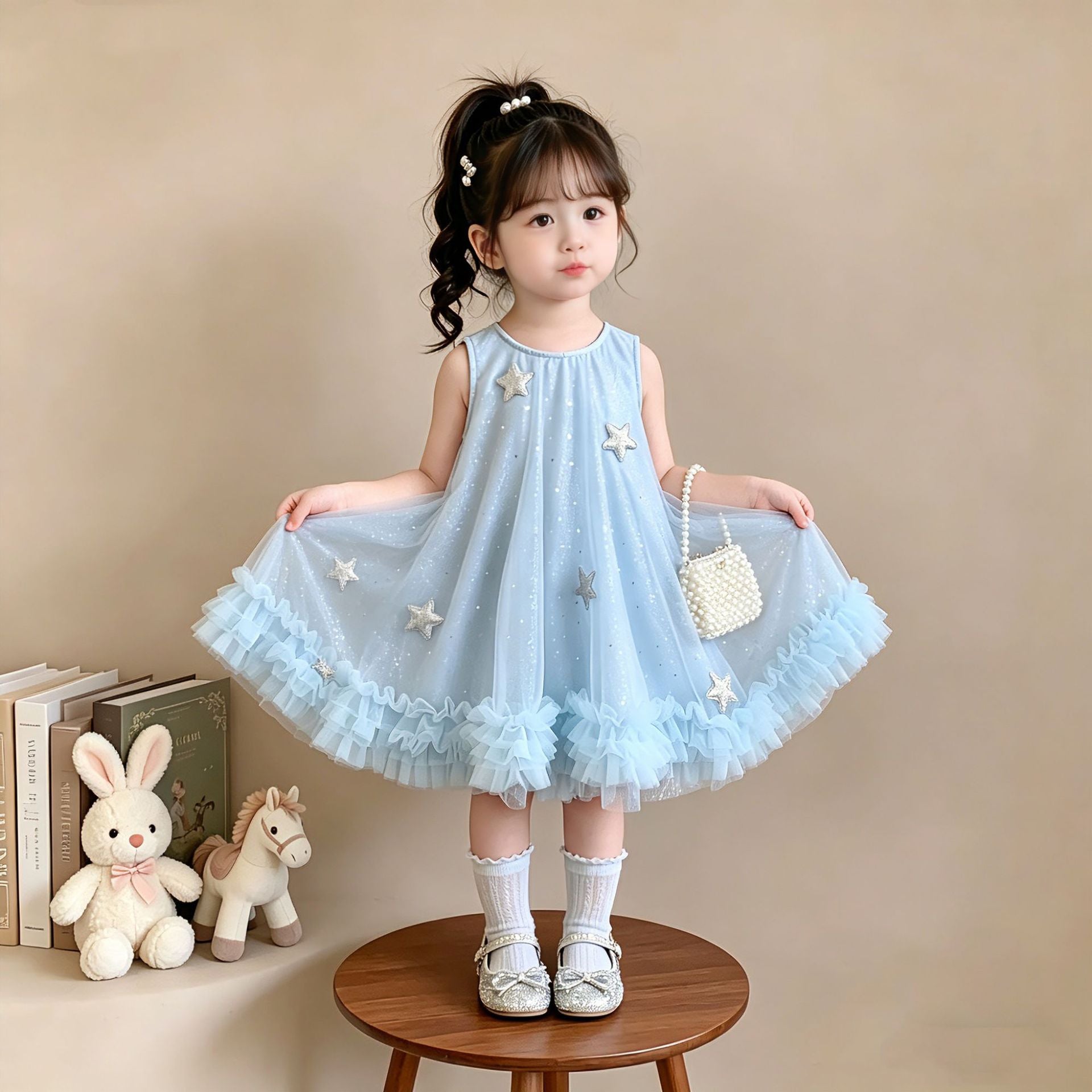 Girls' Princess Dress Summer 2026 New Style Beautiful and Stylish White Dress for Girls with Butterfly Wings