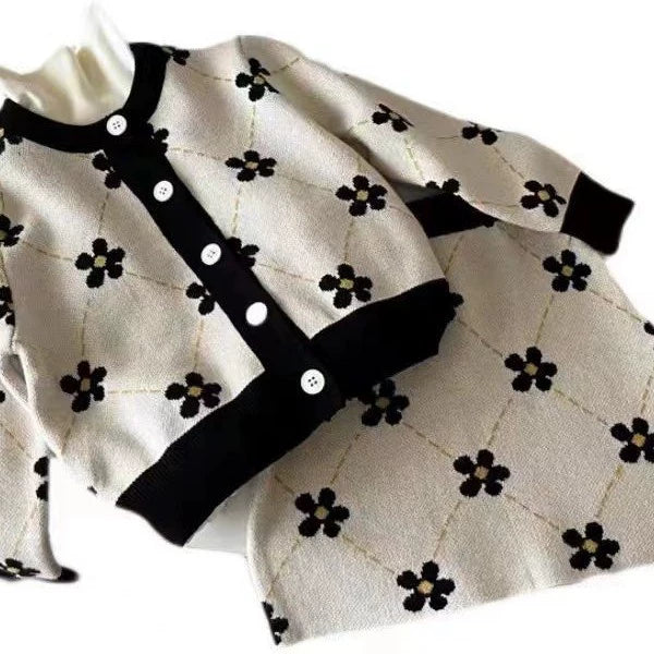 Korean Children's Clothing for Girls, Small Chanel-Style Sweater Set, 2026 Spring and Autumn Stylish Floral Cardigan and Skirt Two-Piece Set