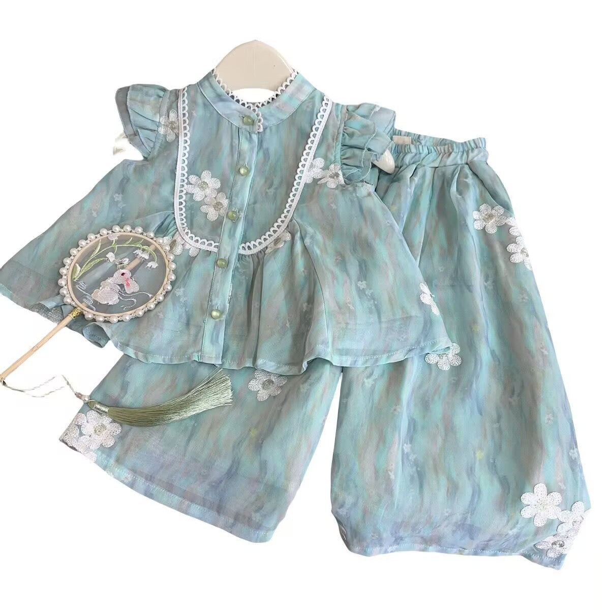 Summer Girls suit Guofeng 2025 New Embroidered Lace Vest Top Wide Leg Pants New Chinese Two-piece Set