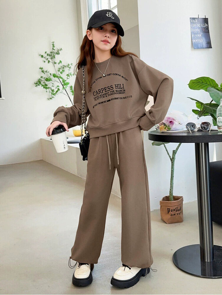 Rantuo Children's Clothing 2026 New Girls' Spring and Autumn Set: Long Pants and Long Sleeve Printed Two-Piece Set with Drawstring, Loose Fit, Cross-Border