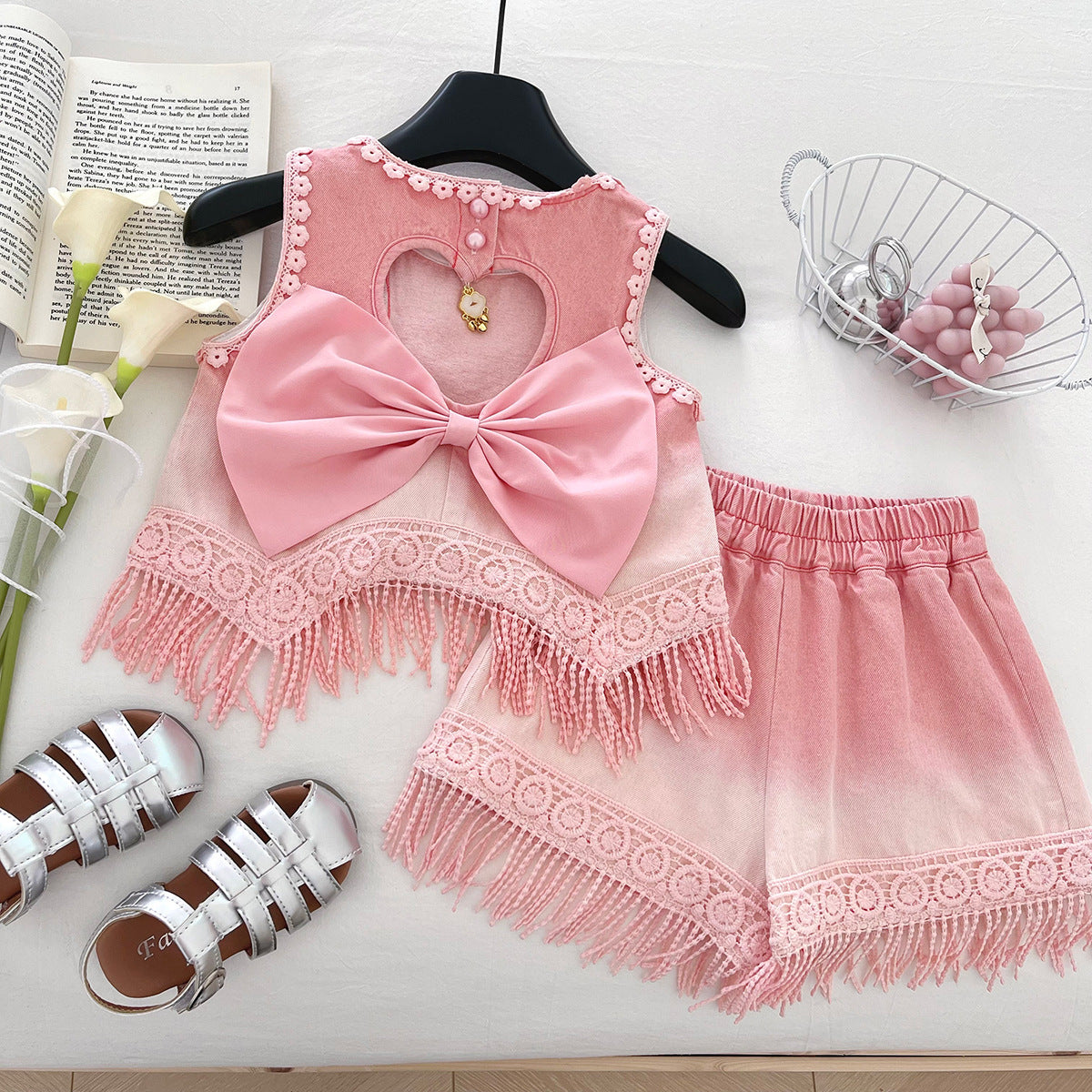 2025 New Summer Korean Style Girls Pink Bow Tassel Shorts Denim Baby Cute Suit