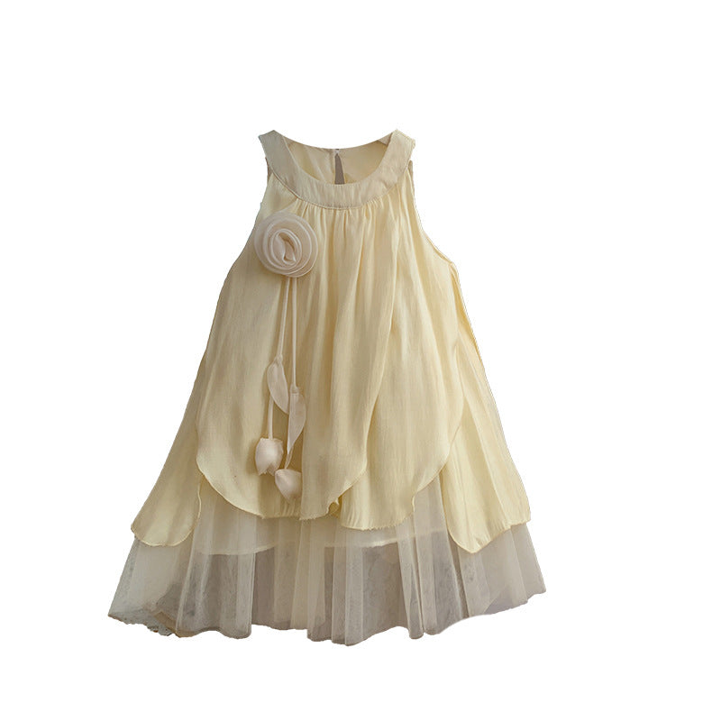Girls' Dress 2026 New Summer Stylish Halter Neck Princess Dress Floral Mesh Dress Little Girl Tank Dress