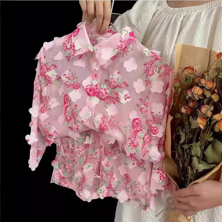 Girls' Korean-Style Floral Sun Protection Clothing Set 2026 Summer New Baby Long-Sleeved Shirt + Shorts Two-Piece Set