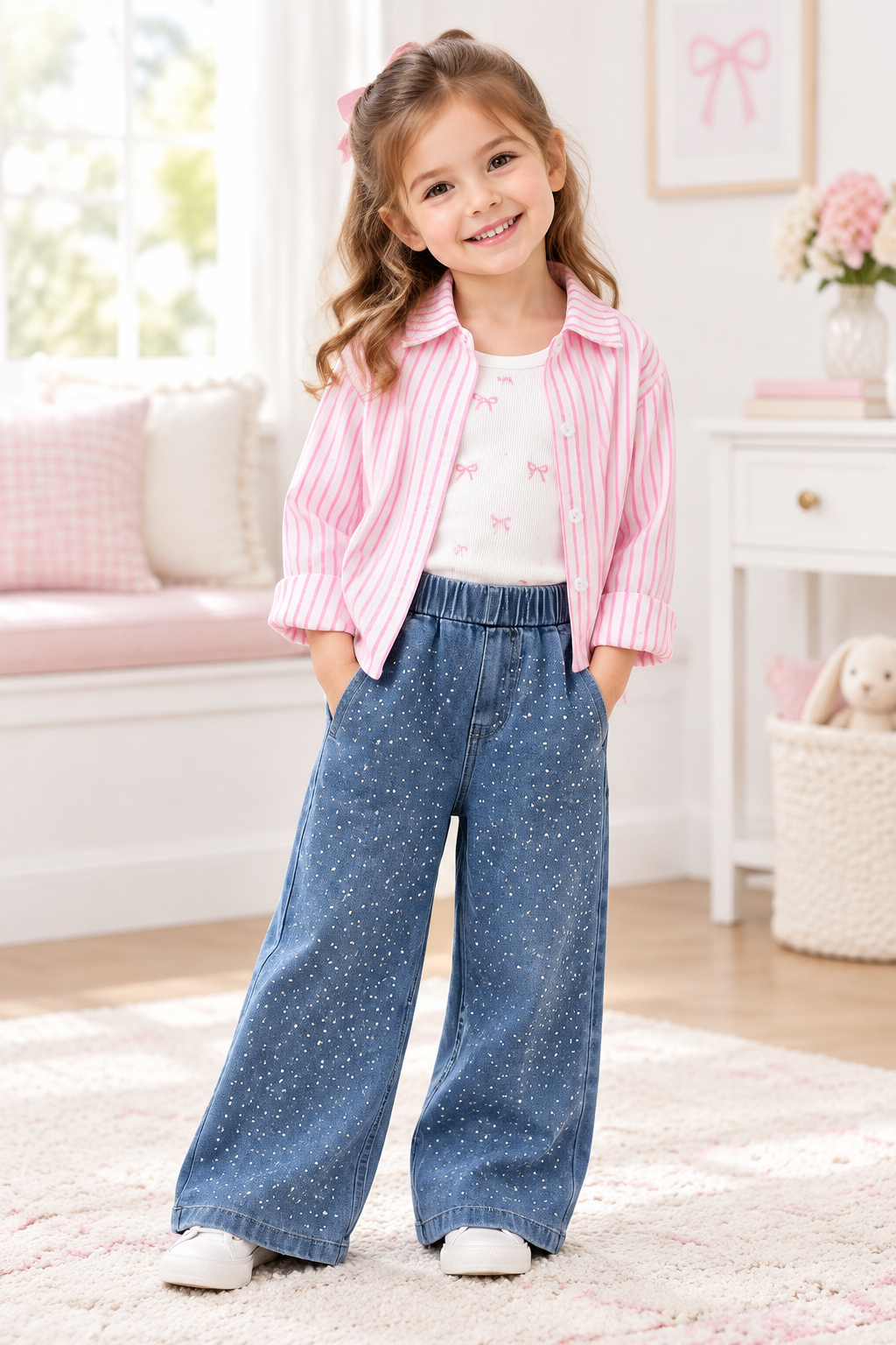 Baby Girls' 3-Piece Outfit – Striped Shirt, Bow Vest & Jeans