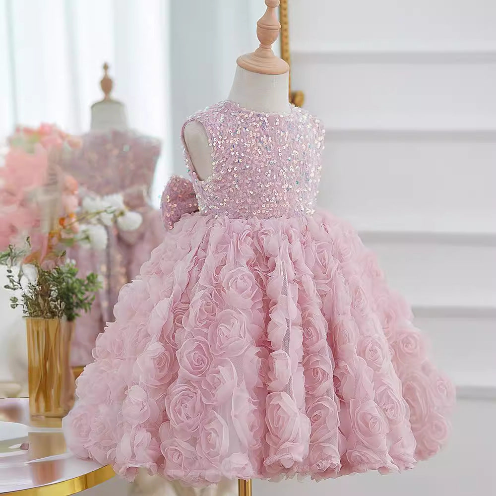 Little Girl Rose Princess Dress Accessible Luxury Birthday Sequin Dress Spring Kidsren's Pink Puffy One-Year-Old Dress