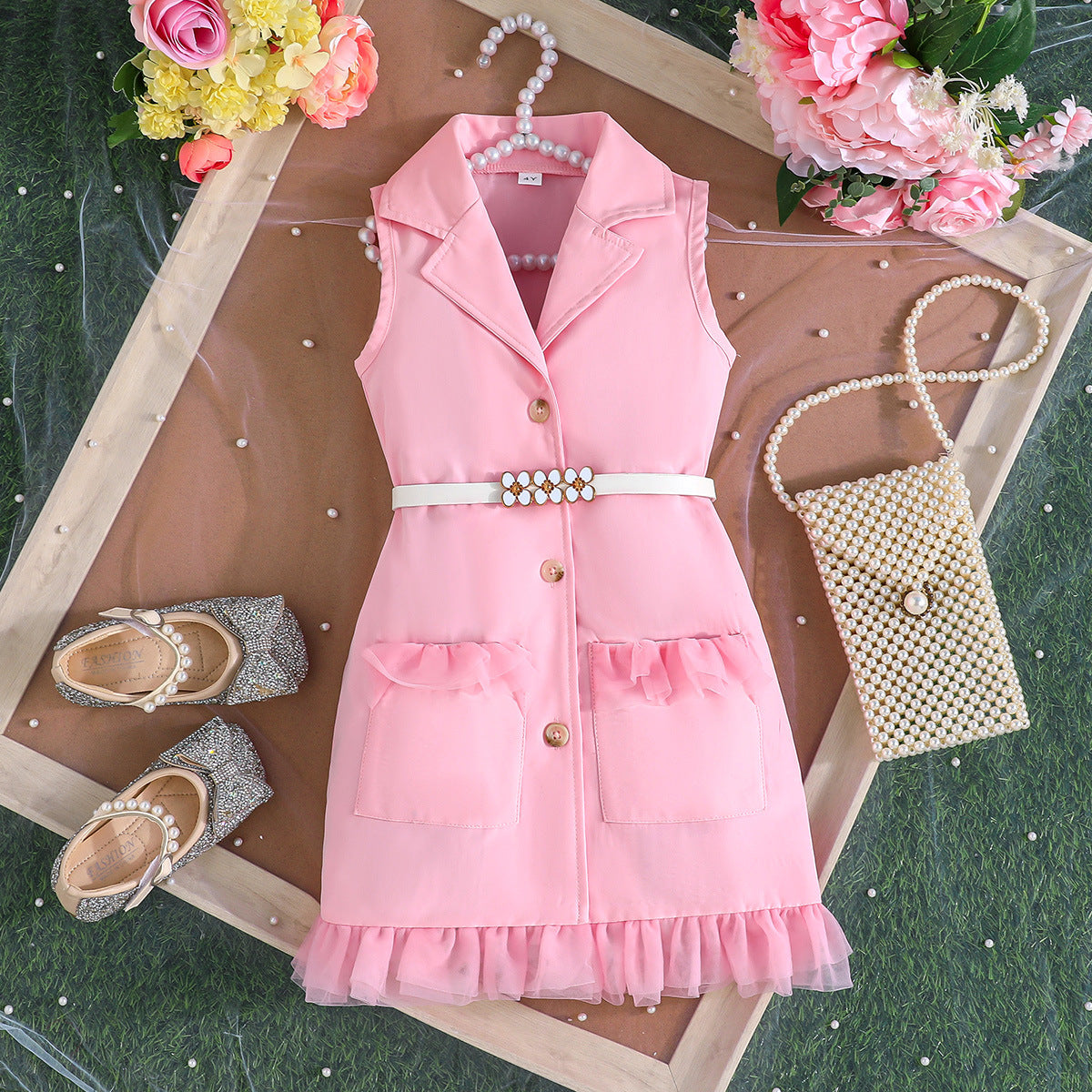 2026 New Product a Cross-Border Summer New Style Girls' Solid Color Sleeveless Suit Fashion Dress + Belt Two-Piece Set