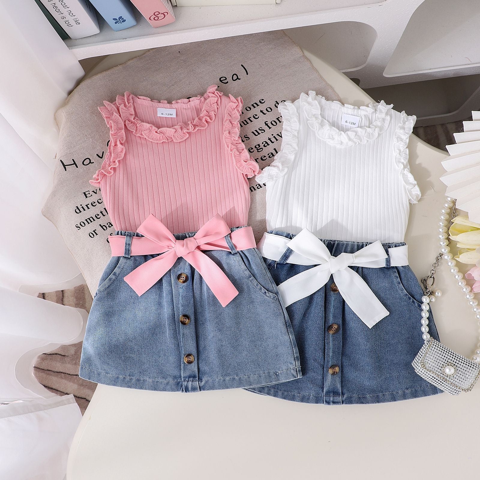 Girls' Ribbed Tank Top and Denim Skirt Set - New European and American Style