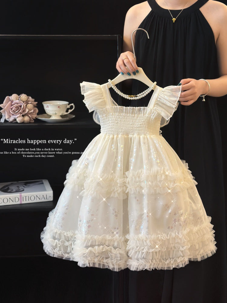 Girls' Princess Dress Summer 2026 New Style Beautiful and Stylish White Dress for Girls with Butterfly Wings