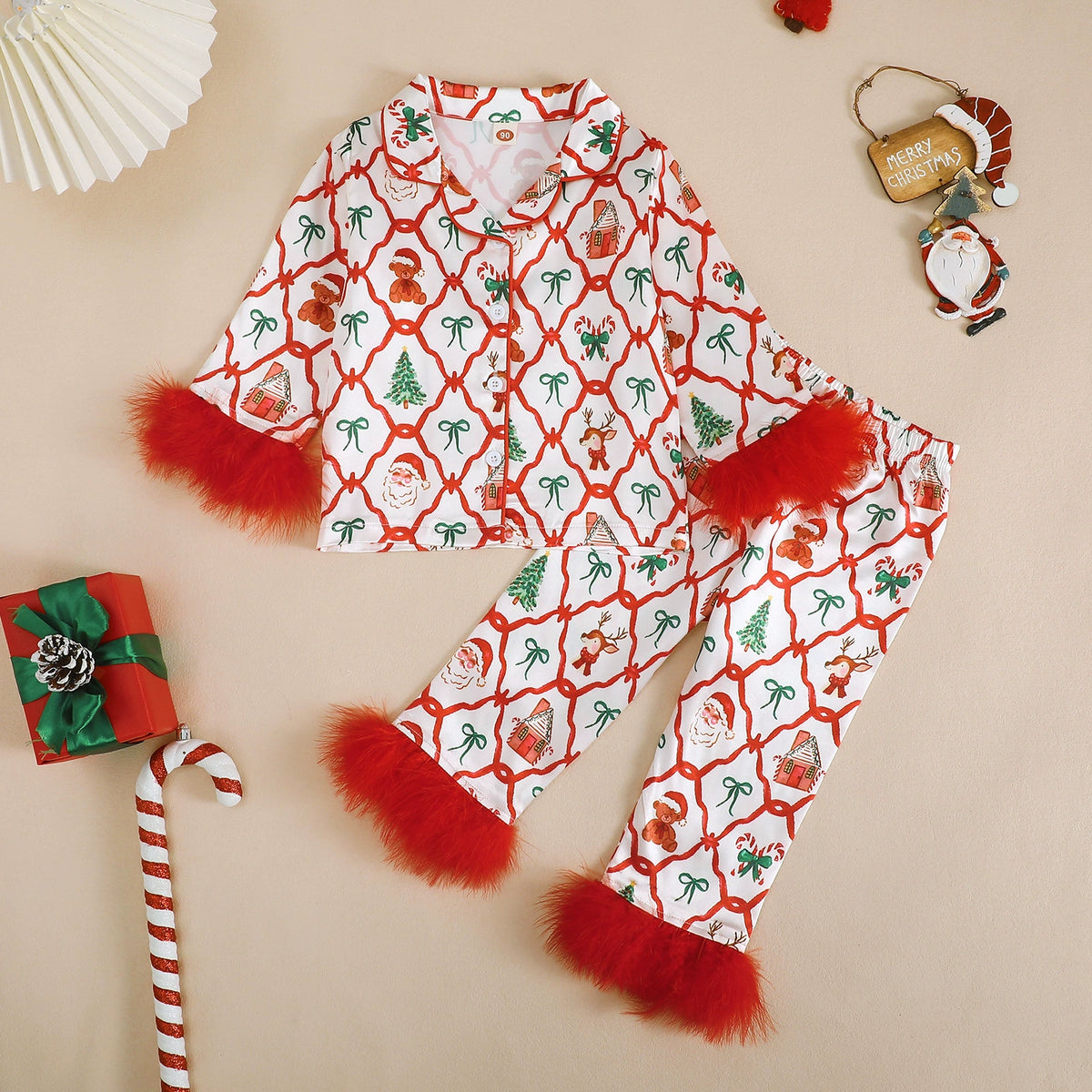 Children's Bow-Knot Pajama Set, Sweet and Casual Long-Sleeved Christmas Printed Fringed Home Wear, Cute Style