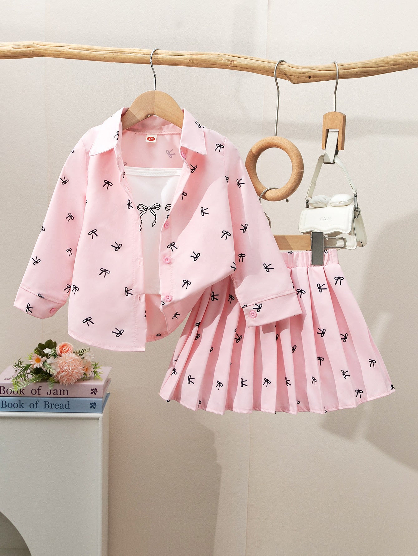 Girls Fashion Lapel Bow Print Suit 3-Piece Camisole + Lapel Top Short Skirt Suit
