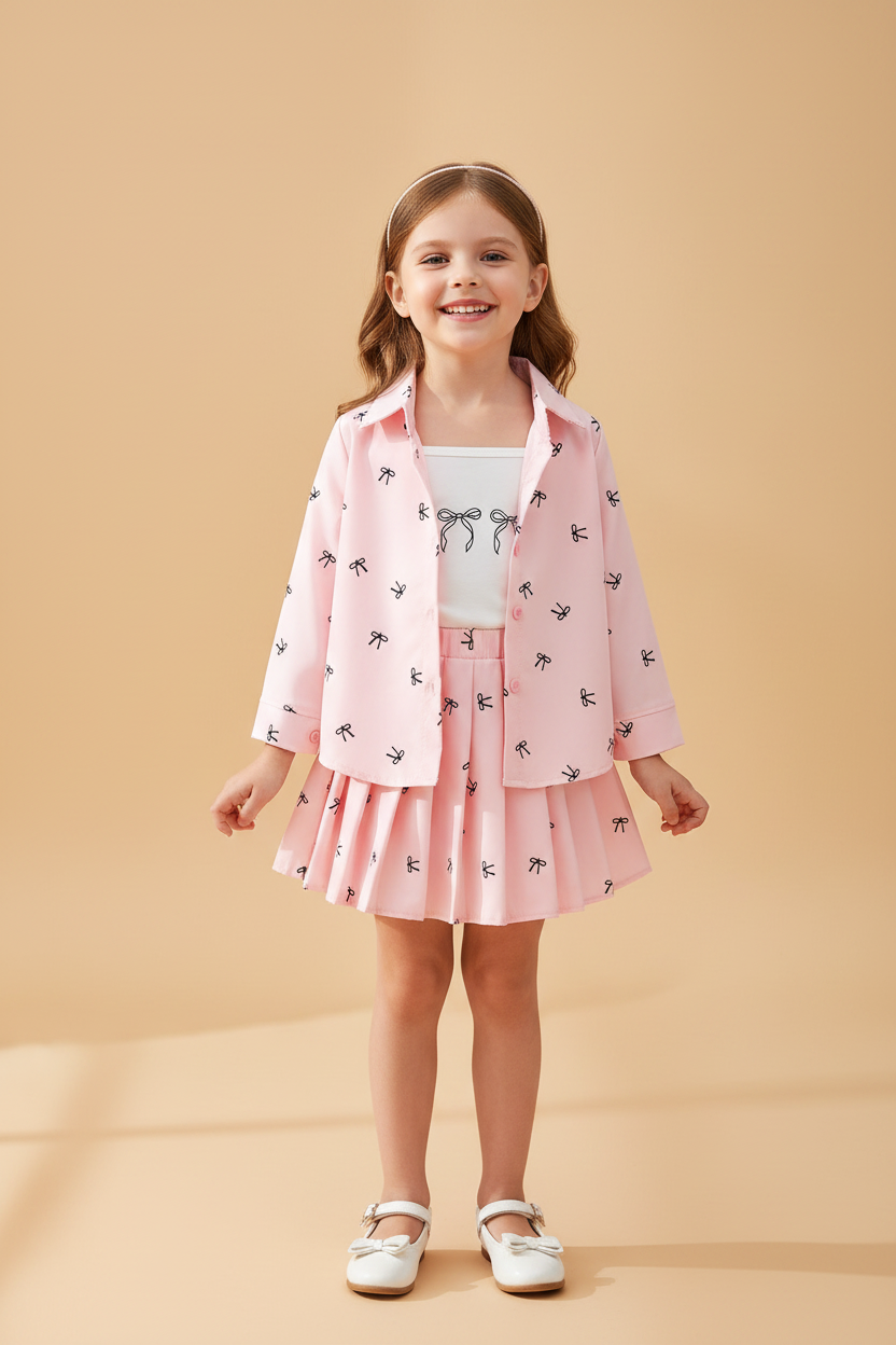 Girls' 3-Piece Lapel Bow Print Suit — Camisole, Lapel Top & Short Skirt Coord Set for Kids