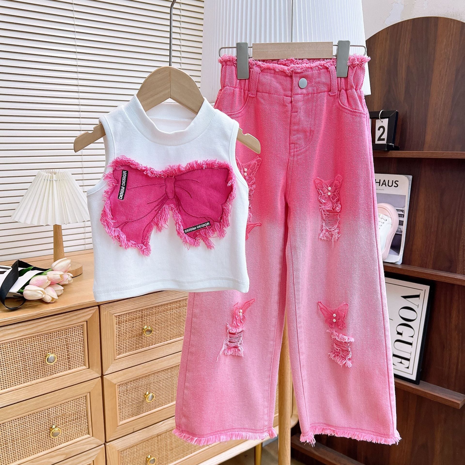 Ancorelala Girls Summer Suit 2026 Children's Sleeveless Ripped Jeans Two-Piece Set Medium and Large Clothes