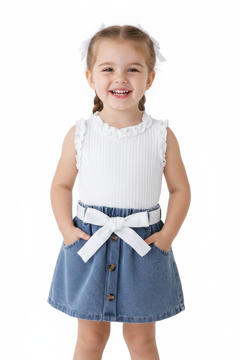 Girls' Ribbed Tank Top and Denim Skirt Set - New European and American Style