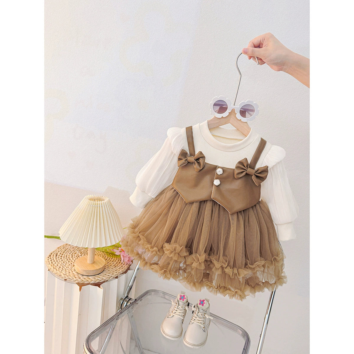 Spring Girls Dress 2025 New Mesh Long-Sleeved Spring Korean Style Fashionable Pure Color Foreign Style Baby Girl Skirt