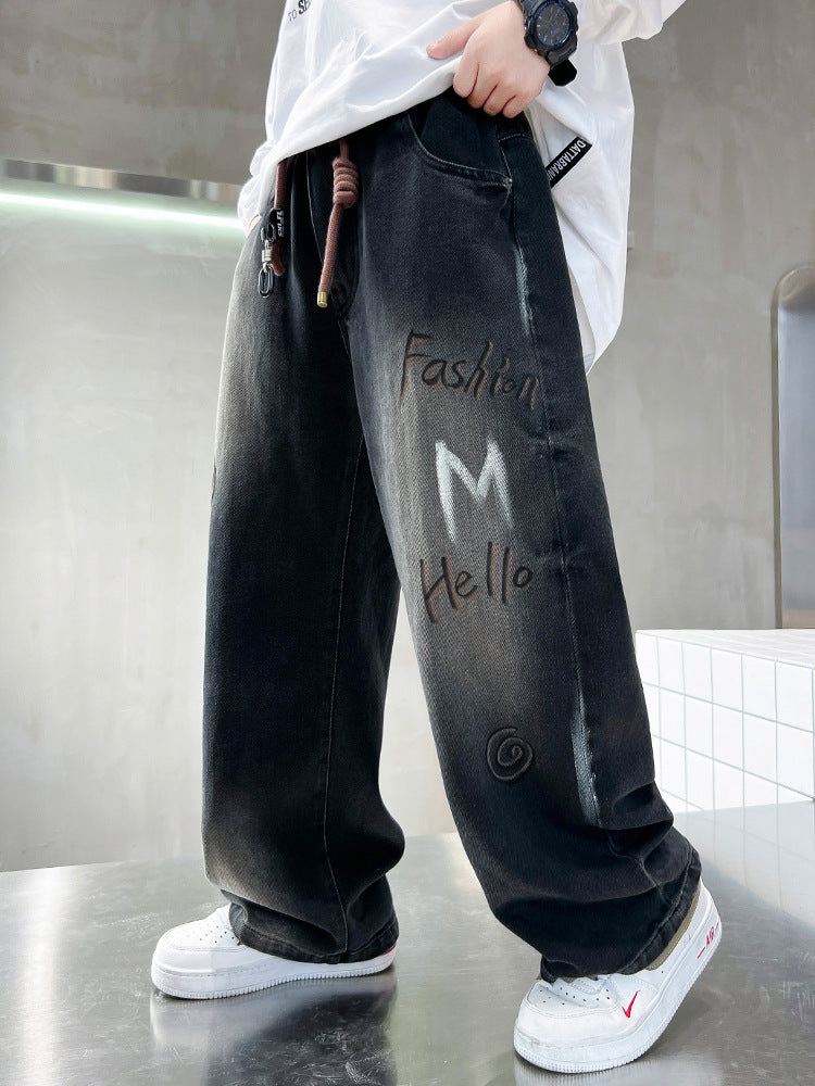 Boys' Jeans for Spring and Autumn, New Stylish Children's Long Pants, Trendy Loose Fit for Older Boys, Export Style