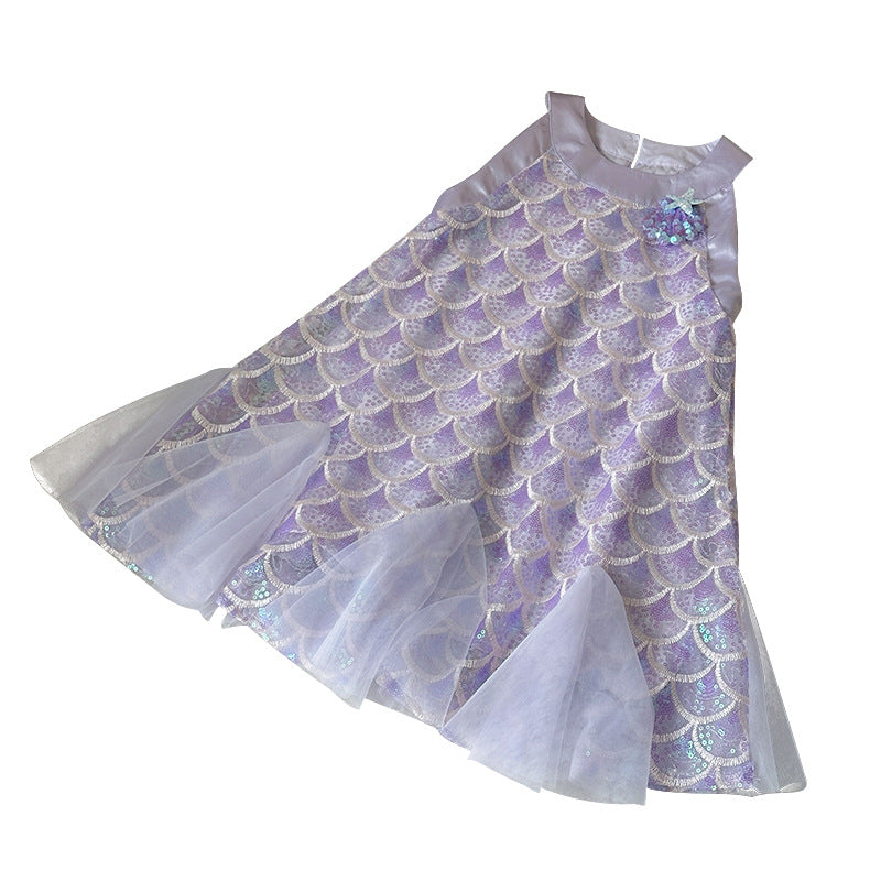Orange Girl's Mermaid Princess Dress Summer 2026 New Style Baby Girl Strap Dress Performance Outfit