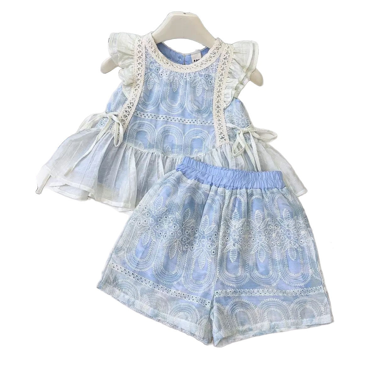Girls' suit 2025 Summer New Flying Sleeve Lace Vest Top Shorts Korean Style Baby Girl Princess Two-piece Set