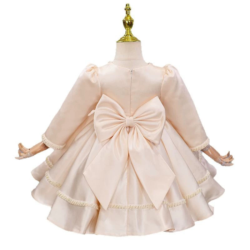 Factory Direct Sale In-Stock Champagne-Colored Satin Girls' Dress with Pearl Bow and Long Sleeves, Baby's First Birthday Princess Dress