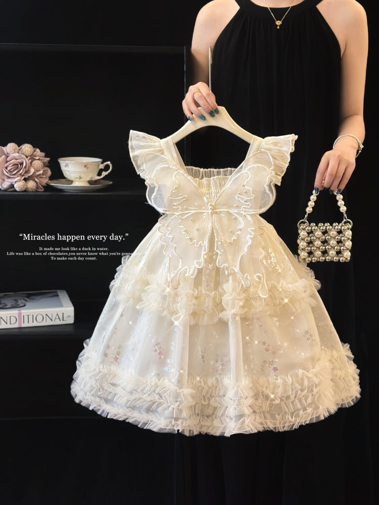 Girls' Princess Dress Summer 2026 New Style Beautiful and Stylish White Dress for Girls with Butterfly Wings