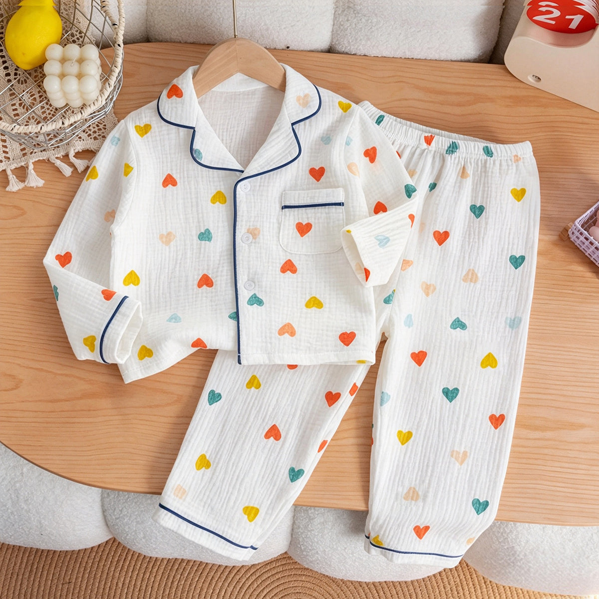 Children's Pajamas Class a Pure Cotton Printed Long-Sleeved Cardigan Lapel Set Cartoon Printed Pajamas Cute Kidsren's Clothing Set