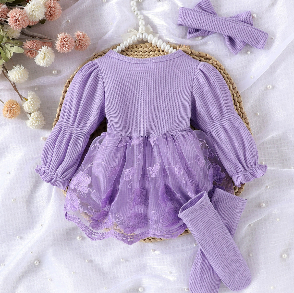 Amazon Foreign Trade Baby and Children's Clothing European and American Style Spring and Autumn Long-Sleeve Mesh Patchwork Romper + Foot Socks + Headband