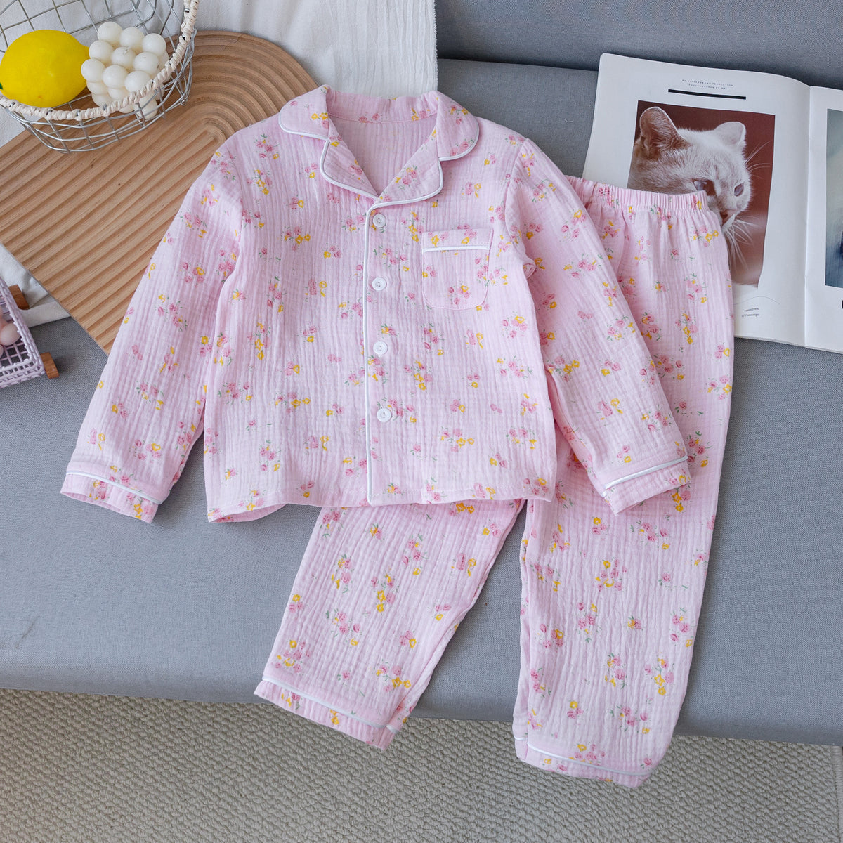 Children's Pajamas Class a Pure Cotton Printed Long-Sleeved Cardigan Lapel Set Cartoon Printed Pajamas Cute Kidsren's Clothing Set