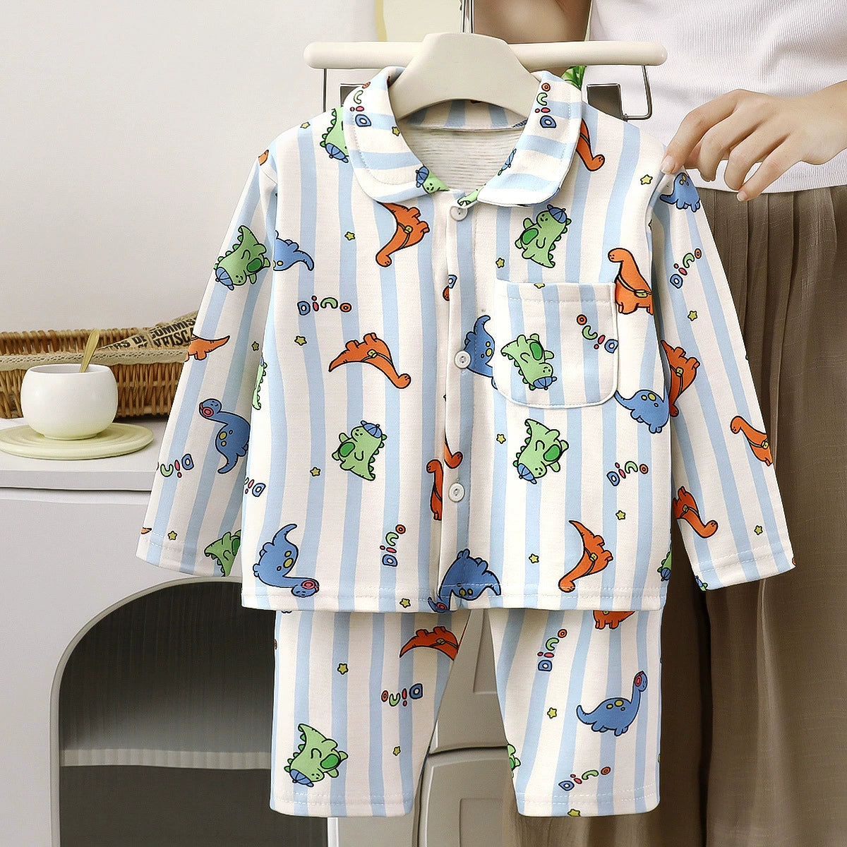 Children's Autumn and Winter Pajamas, Boys' and Girls' Wool and Silk Home Wear Set, Toddler's Turn-down Collar Cardigan Two-piece Set
