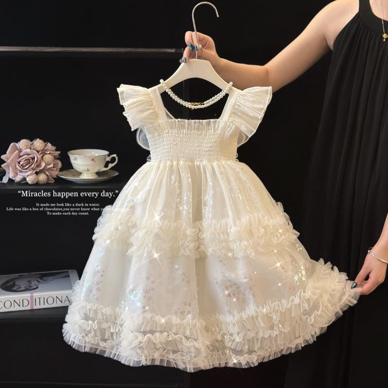 Girls' Princess Dress Summer 2026 New Style Beautiful and Stylish White Dress for Girls with Butterfly Wings