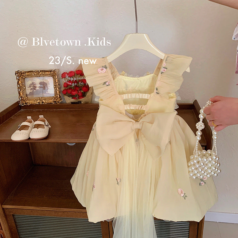 Disney-Inspired Girls' Summer Princess Mesh Dress with Large Bow - 2026 Fairy Suspender Skirt