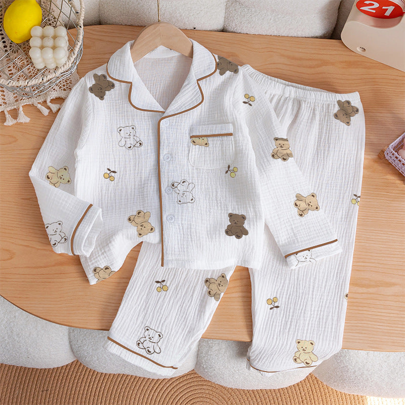 Children's Pajamas Class a Pure Cotton Printed Long-Sleeved Cardigan Lapel Set Cartoon Printed Pajamas Cute Kidsren's Clothing Set