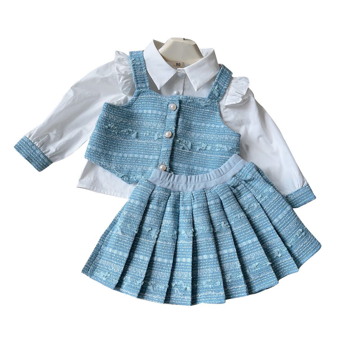 Spring and Autumn Girls' Outfit New Style Long-Sleeve Collared Shirt, Vest, Pleated Skirt Little Girl's Chanel-Style Three-Piece Set Cross-Border