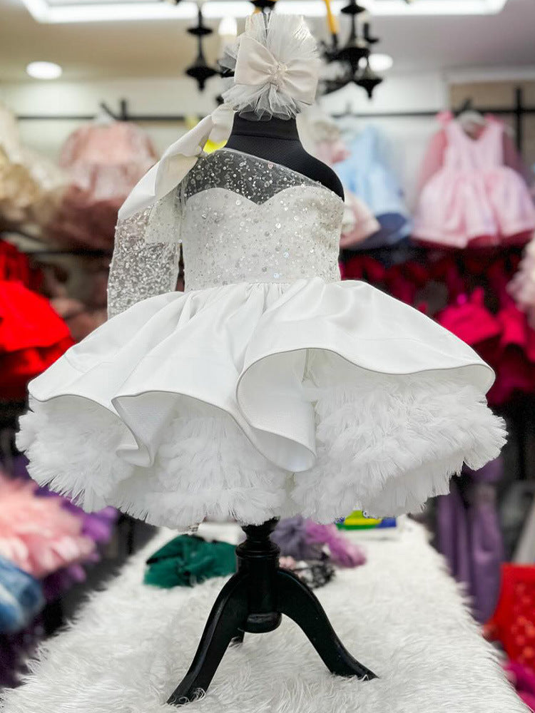 Disney-Inspired Girls' One-Shoulder Sequin Princess Gown with Oversized Bow