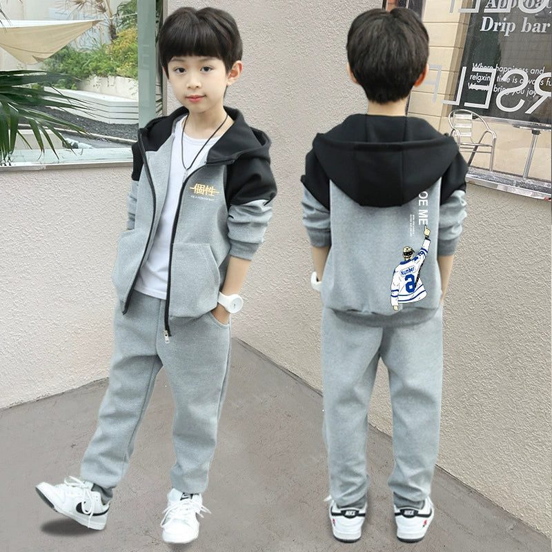 Handsome Boy's Hooded Casual Jacket Boy's Spring and Autumn Wear Sports suit Trendy New Style Mid-Big Kids Fashionable Two-piece Set