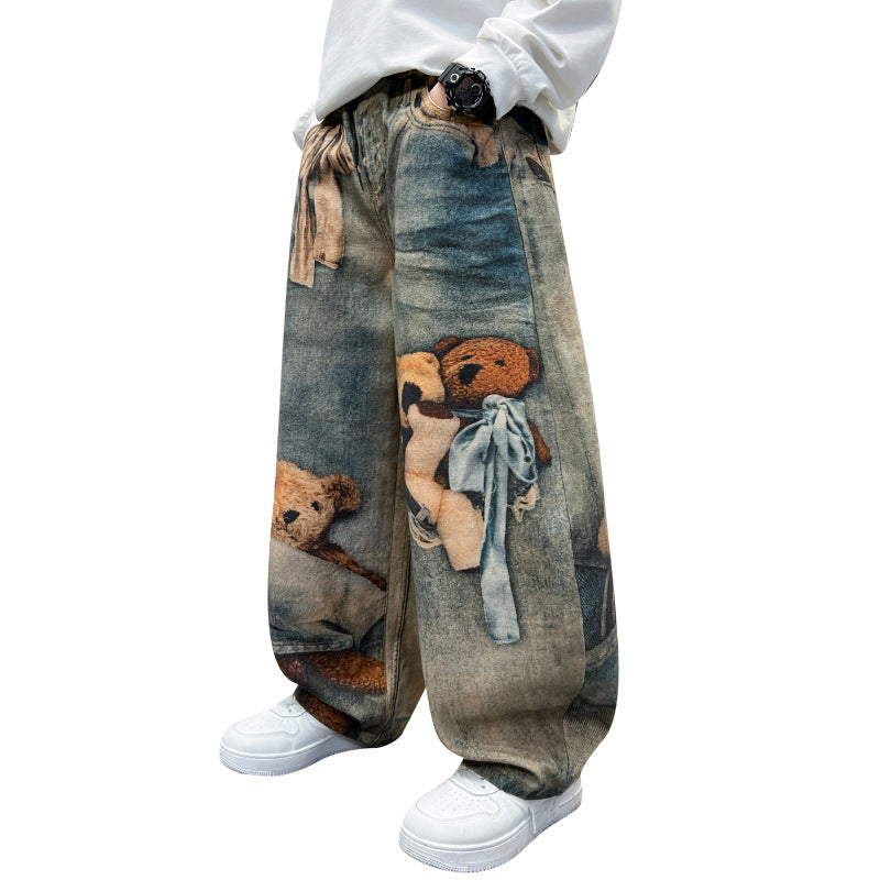 Boys' Bear Print Jeans Spring and Autumn 2026 New Style Children's Pants Cool Straight Pants Stylish Curved Pants